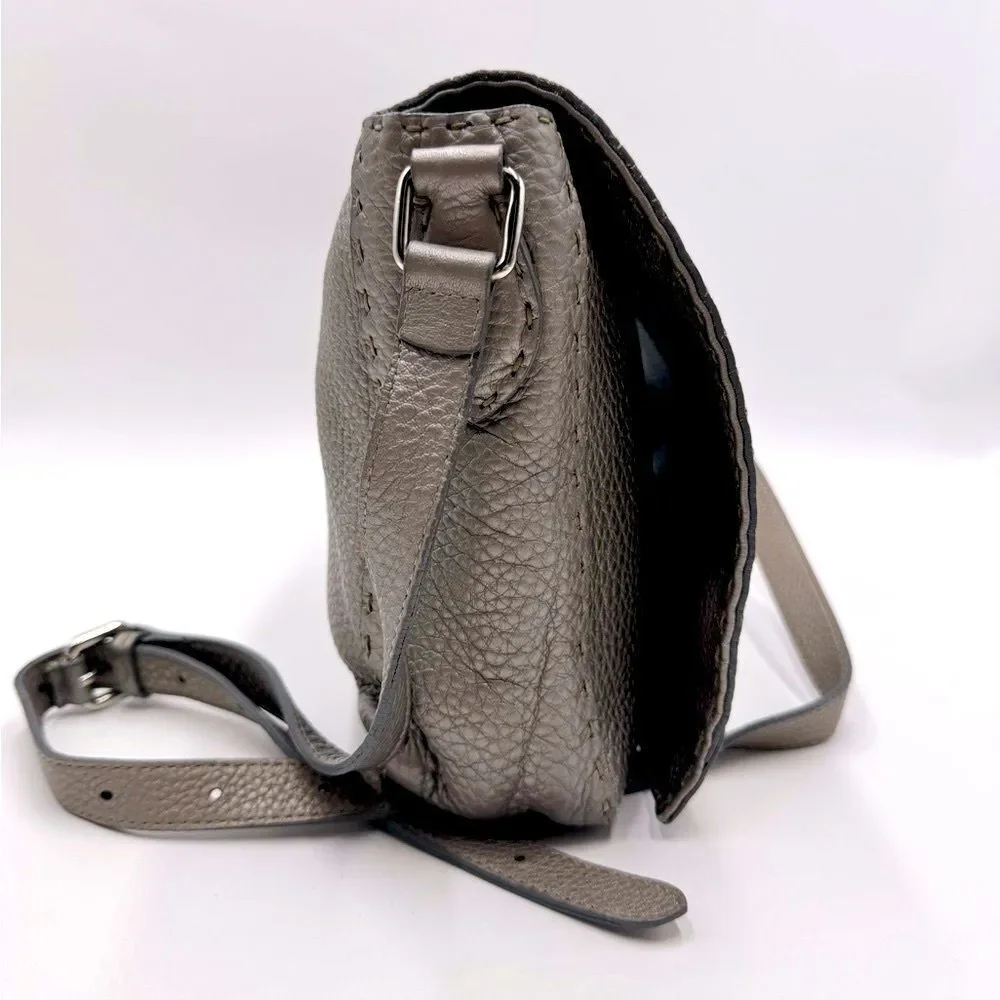 Auth Fendi Metallic Grey Beige Selleria Leather Anna Crossbody Messenger Bag - Picture 3 of 15